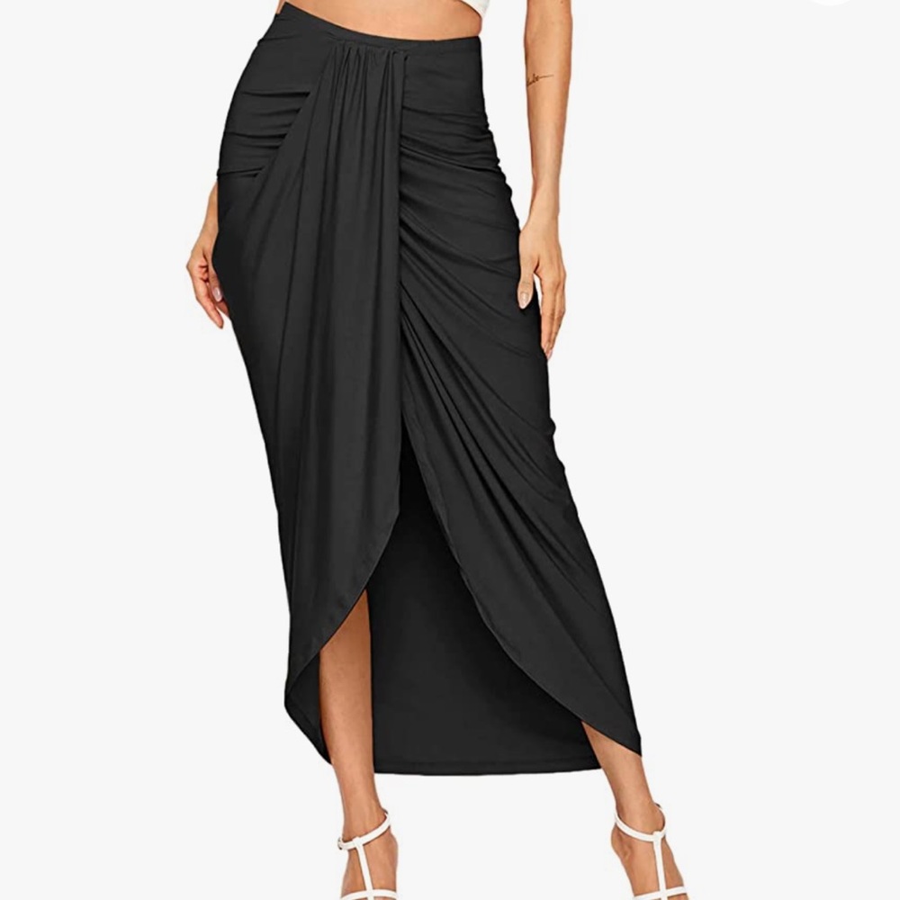 Shein Casual Slit Wrap Asymmetrical Elastic High Waist Maxi Draped Skirt